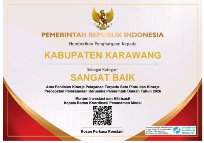 Membanggakan! Pemkab Karawang Raih Penghargaan Katagori Sangat Baik daek Menteri Investasi/Kepala BKPM RI, Realisasi Investasi Tembus 20,43 Triliun Rupiah Membanggakan! Pemkab Karawang Raih Penghargaan Katagori Sangat Baik daek Menteri Investasi/Kepala BKPM RI, Realisasi Investasi Tembus 20,43 Triliun Rupiah